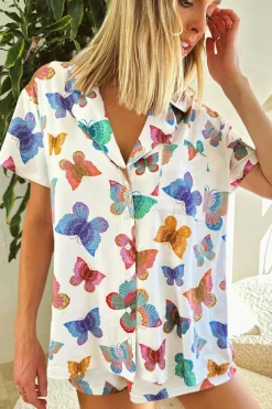 New Dear-Lover Butterfly Pattern Short Sleeve Shirt Pajamas Set Multicolour