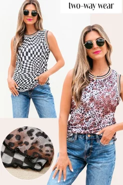 Discount Dear-Lover Cheetah Checkered Dual Print Reversible Round Neck Mesh Tank Top Multicolour