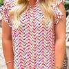 New Dear-Lover Chevron Print Ruffled Sleeve Blouse Multicolour