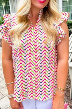 New Dear-Lover Chevron Print Ruffled Sleeve Blouse Multicolour