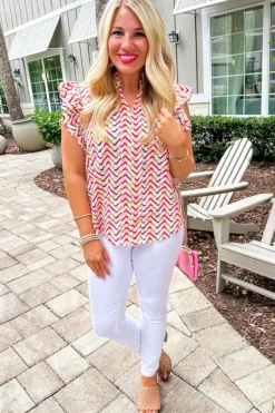 New Dear-Lover Chevron Print Ruffled Sleeve Blouse Multicolour