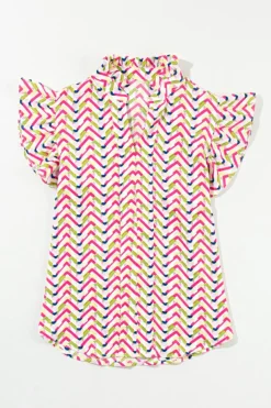 New Dear-Lover Chevron Print Ruffled Sleeve Blouse Multicolour