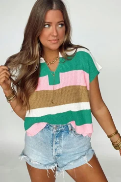 Online Dear-Lover Color Block Notch V Neck Sweater T Shirt Multicolour
