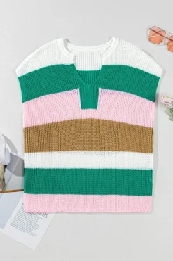 Online Dear-Lover Color Block Notch V Neck Sweater T Shirt Multicolour