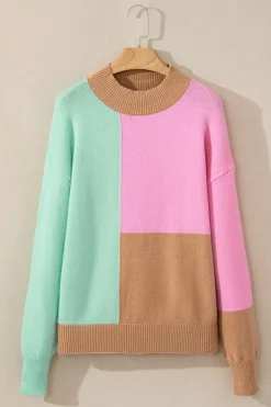 Online Dear-Lover Colorblock Mock Neck Ribbed Trim Sweater Multicolour
