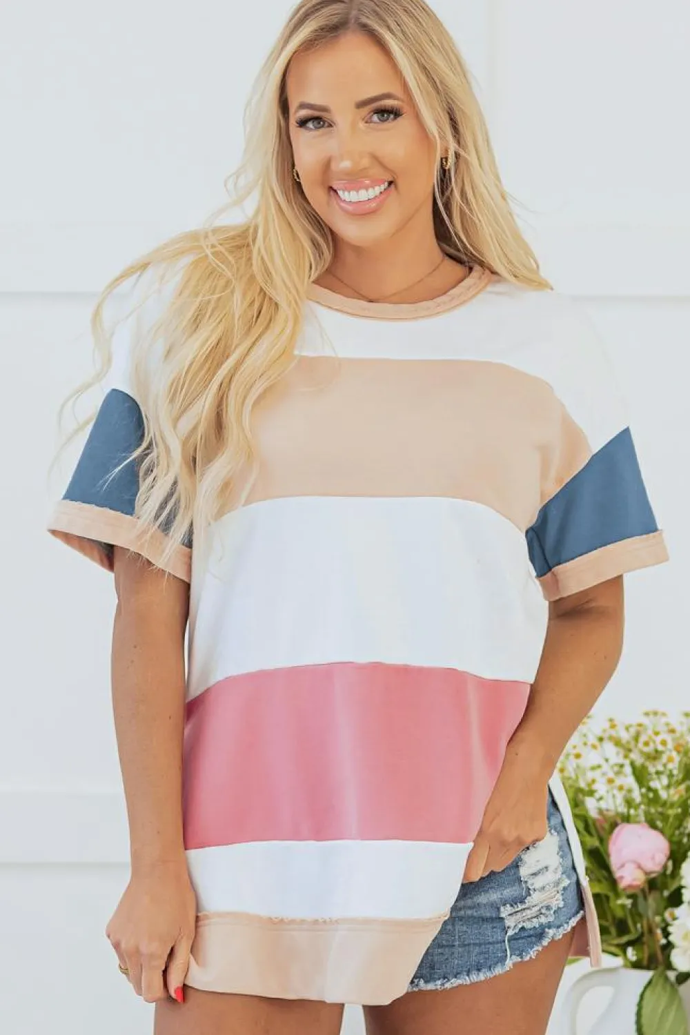Best Dear-Lover Colorblock Patchwork Side Split Tunic T Shirt Multicolour