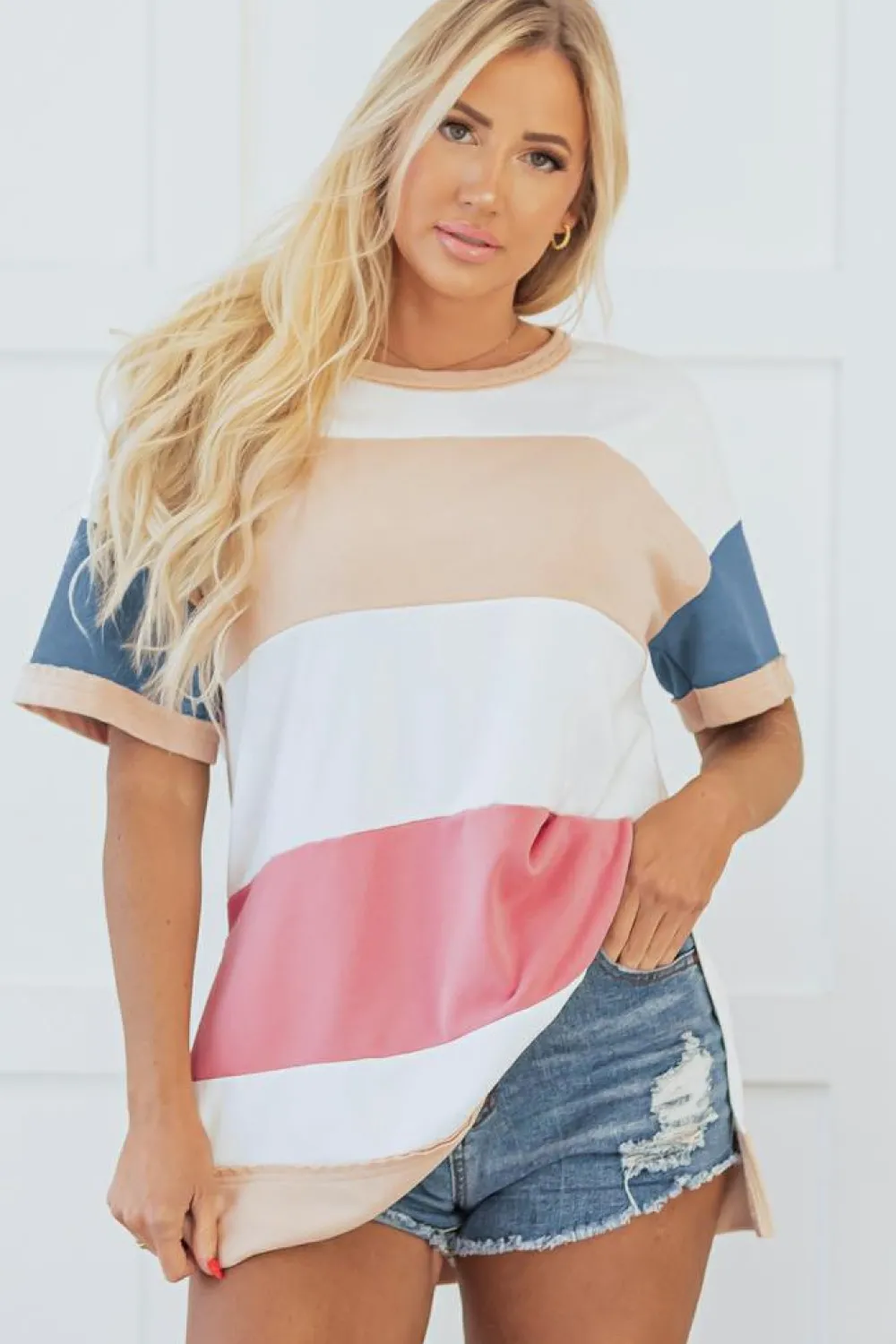 Best Dear-Lover Colorblock Patchwork Side Split Tunic T Shirt Multicolour