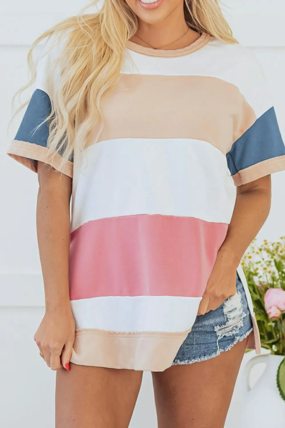 Best Dear-Lover Colorblock Patchwork Side Split Tunic T Shirt Multicolour