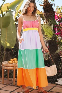 Outlet Dear-Lover Colorblock Self-tie Straps High Waist Flowy Maxi Dress with Pockets Multicolour