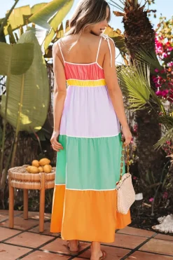 Outlet Dear-Lover Colorblock Self-tie Straps High Waist Flowy Maxi Dress with Pockets Multicolour