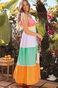 Outlet Dear-Lover Colorblock Self-tie Straps High Waist Flowy Maxi Dress with Pockets Multicolour