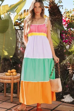 Outlet Dear-Lover Colorblock Self-tie Straps High Waist Flowy Maxi Dress with Pockets Multicolour