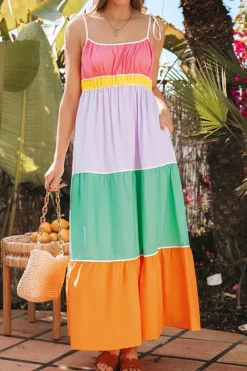 Outlet Dear-Lover Colorblock Self-tie Straps High Waist Flowy Maxi Dress with Pockets Multicolour