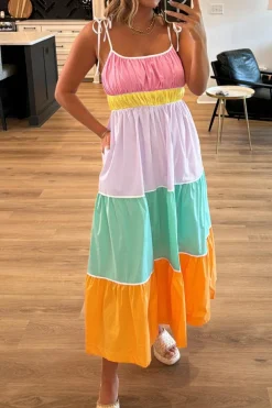 Outlet Dear-Lover Colorblock Self-tie Straps High Waist Flowy Maxi Dress with Pockets Multicolour
