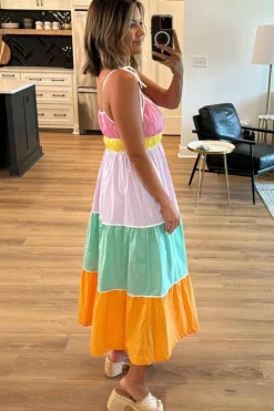 Outlet Dear-Lover Colorblock Self-tie Straps High Waist Flowy Maxi Dress with Pockets Multicolour