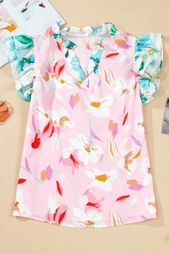Online Dear-Lover Contrast Floral Patchwork Notched Neck Flutter Sleeve Blouse Multicolour