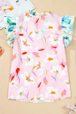 Online Dear-Lover Contrast Floral Patchwork Notched Neck Flutter Sleeve Blouse Multicolour