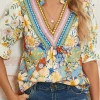 Fashion Dear-Lover Crochet V Neck Half Sleeve Boho Floral Blouse Multicolour