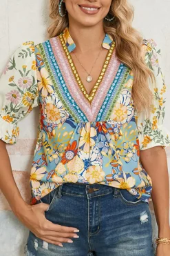 Fashion Dear-Lover Crochet V Neck Half Sleeve Boho Floral Blouse Multicolour