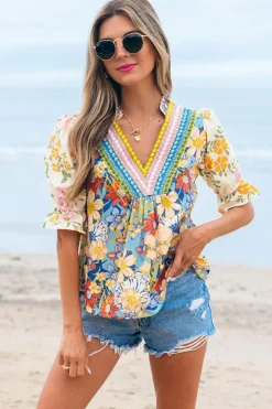 Fashion Dear-Lover Crochet V Neck Half Sleeve Boho Floral Blouse Multicolour
