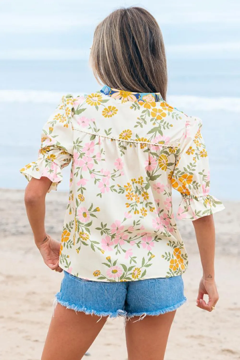 Fashion Dear-Lover Crochet V Neck Half Sleeve Boho Floral Blouse Multicolour