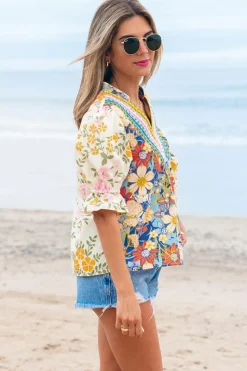 Fashion Dear-Lover Crochet V Neck Half Sleeve Boho Floral Blouse Multicolour