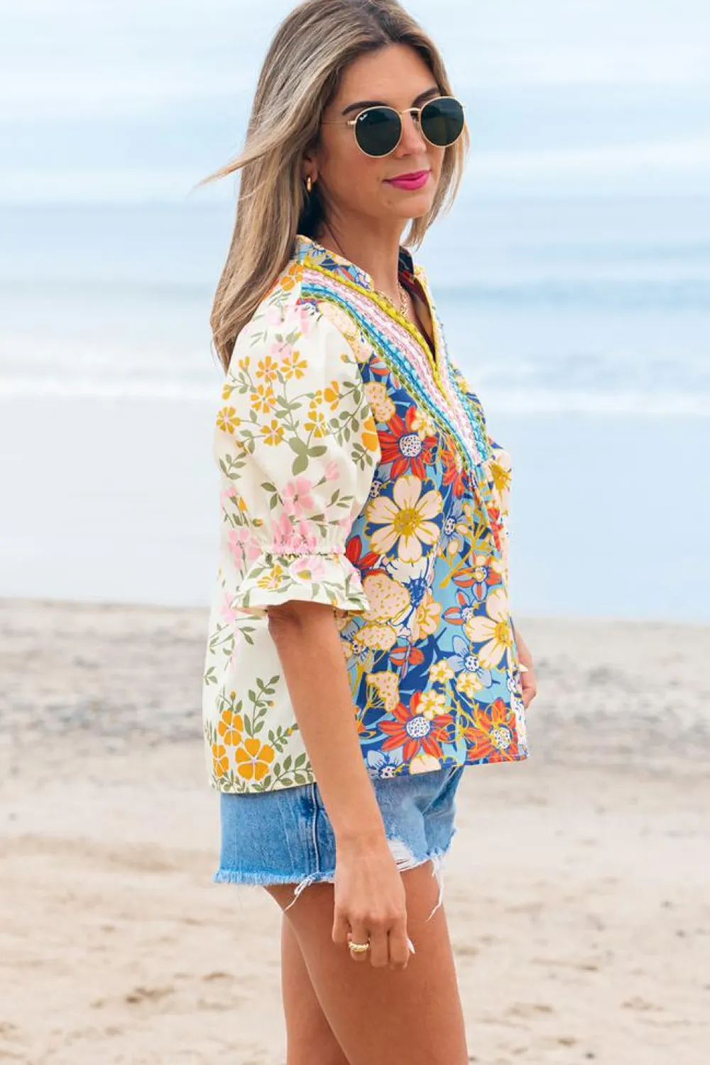 Fashion Dear-Lover Crochet V Neck Half Sleeve Boho Floral Blouse Multicolour