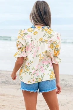Fashion Dear-Lover Crochet V Neck Half Sleeve Boho Floral Blouse Multicolour