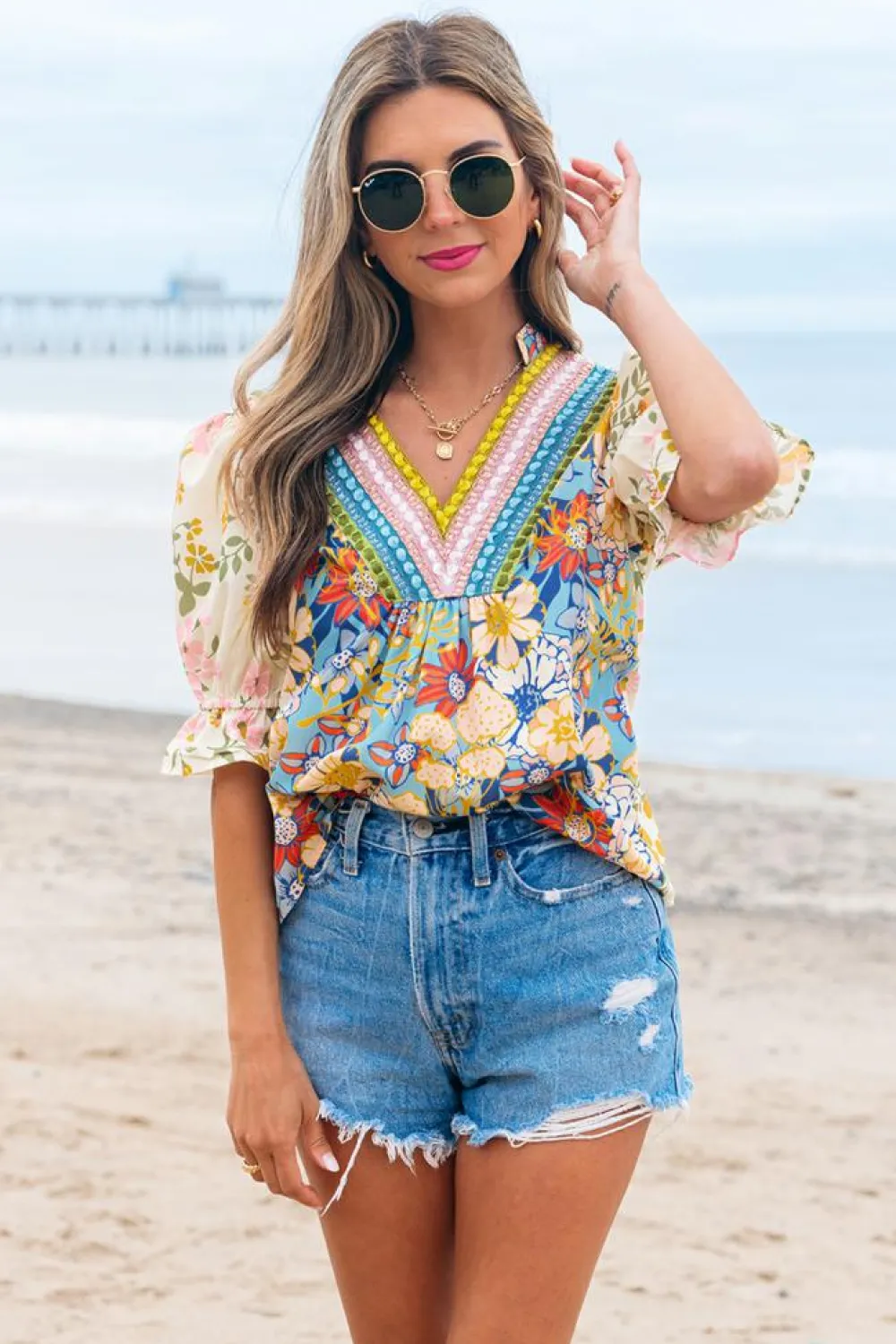 Fashion Dear-Lover Crochet V Neck Half Sleeve Boho Floral Blouse Multicolour
