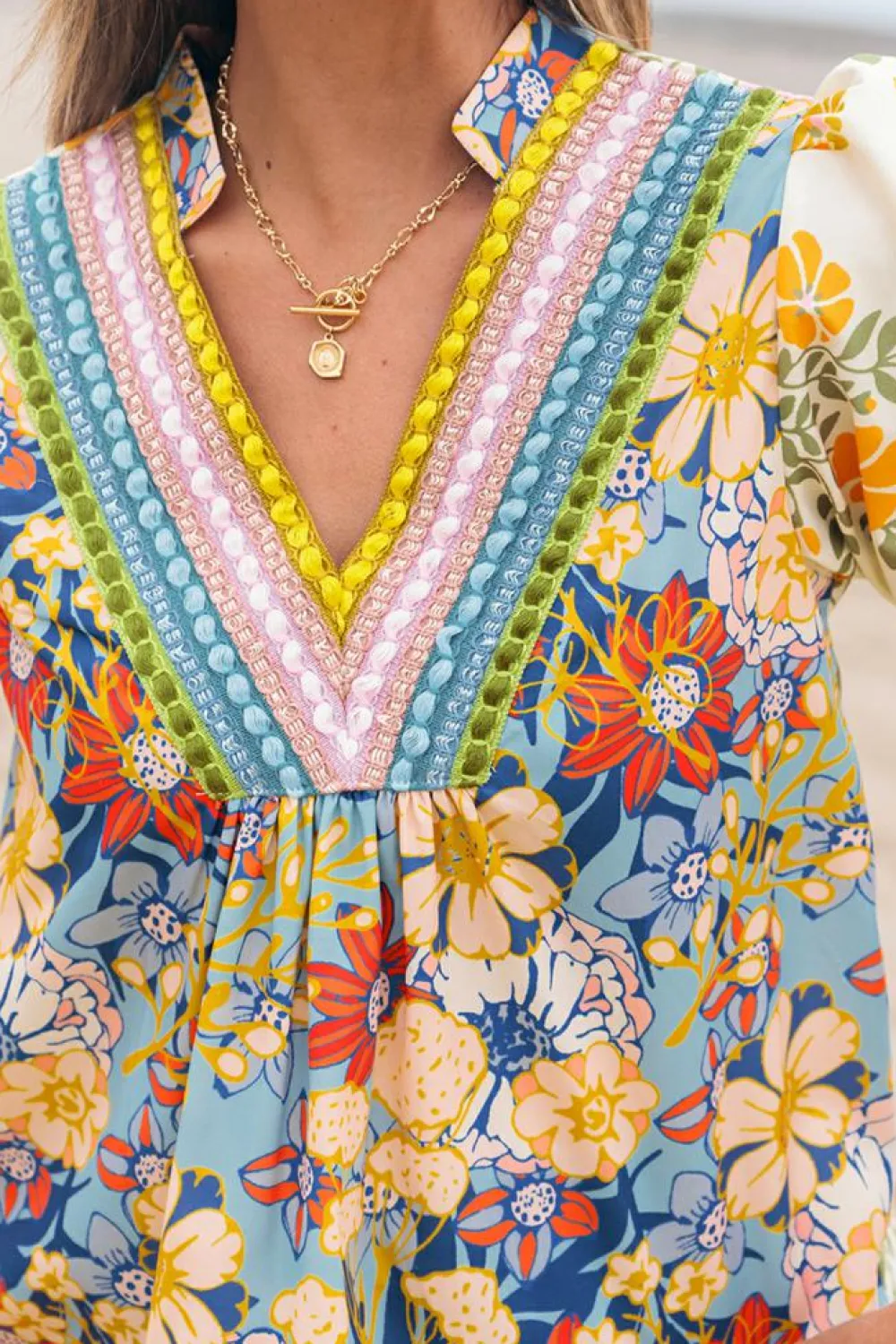Fashion Dear-Lover Crochet V Neck Half Sleeve Boho Floral Blouse Multicolour