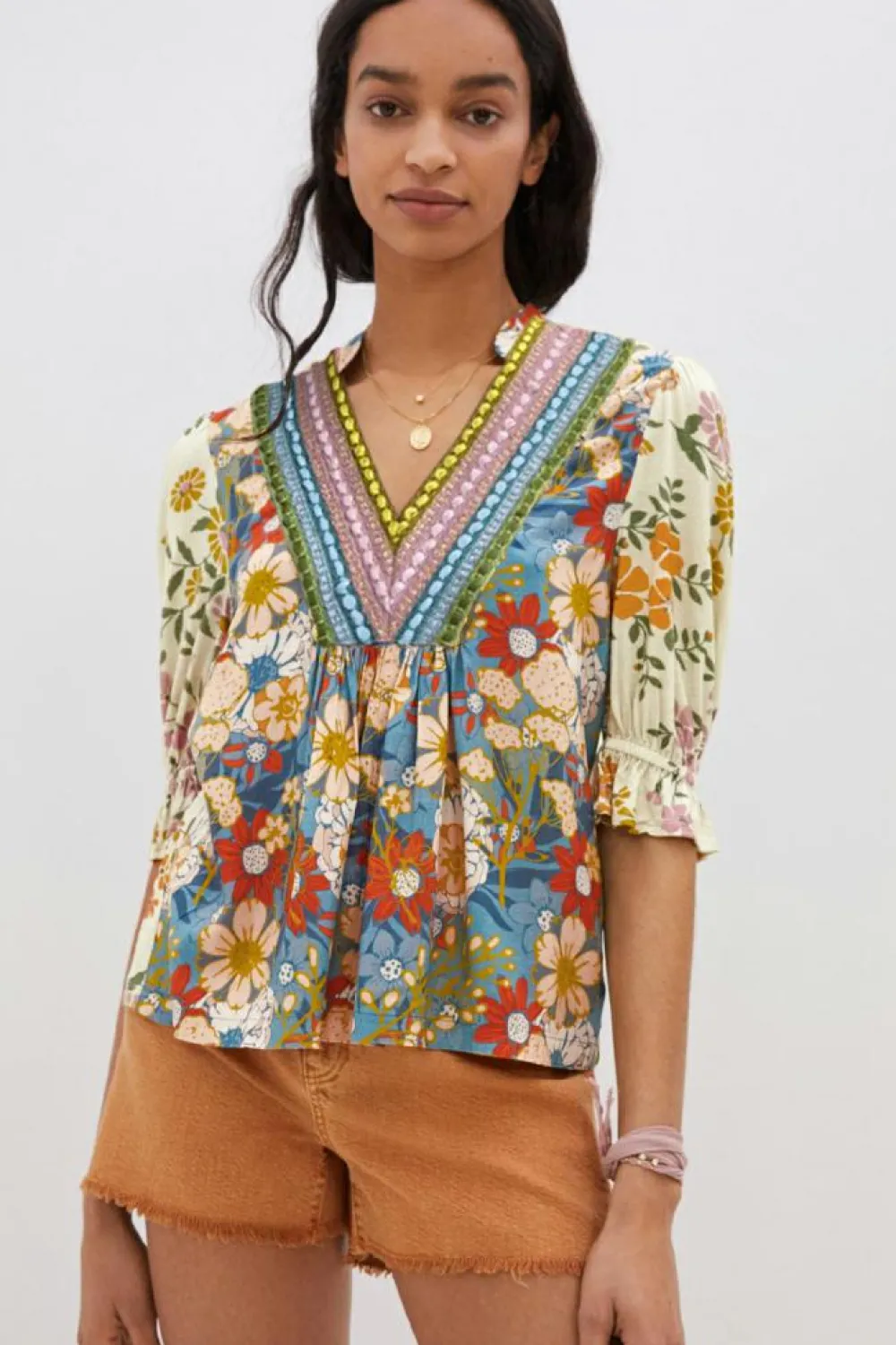 Fashion Dear-Lover Crochet V Neck Half Sleeve Boho Floral Blouse Multicolour
