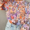 Best Dear-Lover Floral Bishop Sleeve Frilled Round Neck Blouse Multicolour