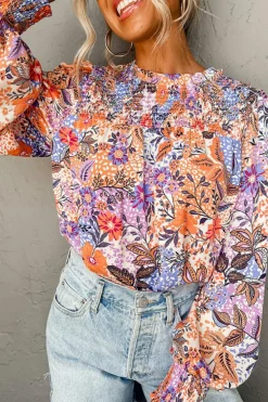 Best Dear-Lover Floral Bishop Sleeve Frilled Round Neck Blouse Multicolour