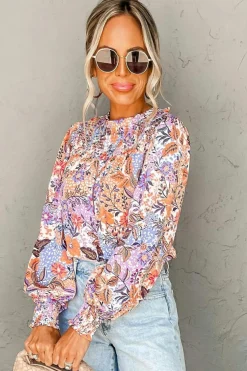 Best Dear-Lover Floral Bishop Sleeve Frilled Round Neck Blouse Multicolour