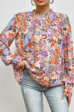 Best Dear-Lover Floral Bishop Sleeve Frilled Round Neck Blouse Multicolour