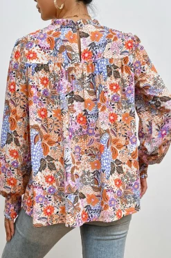 Best Dear-Lover Floral Bishop Sleeve Frilled Round Neck Blouse Multicolour