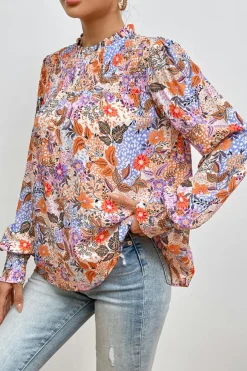 Best Dear-Lover Floral Bishop Sleeve Frilled Round Neck Blouse Multicolour