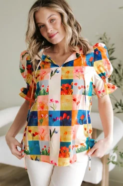 Fashion Dear-Lover Floral Checker Print Ruffled Short Puff Sleeve Blouse Multicolour