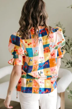Fashion Dear-Lover Floral Checker Print Ruffled Short Puff Sleeve Blouse Multicolour