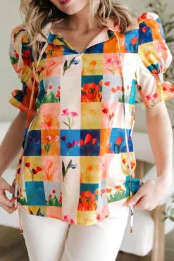 Fashion Dear-Lover Floral Checker Print Ruffled Short Puff Sleeve Blouse Multicolour