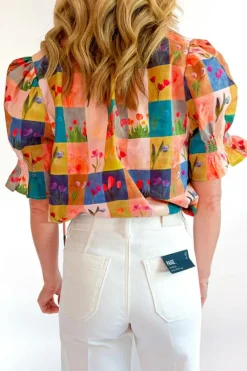 Fashion Dear-Lover Floral Checker Print Ruffled Short Puff Sleeve Blouse Multicolour