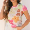Discount Dear-Lover Floral Mesh Lettuce Trim Cropped T Shirt Multicolour