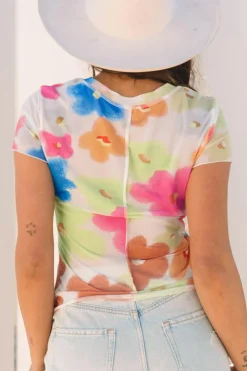 Discount Dear-Lover Floral Mesh Lettuce Trim Cropped T Shirt Multicolour