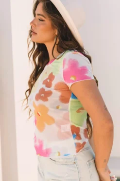 Discount Dear-Lover Floral Mesh Lettuce Trim Cropped T Shirt Multicolour