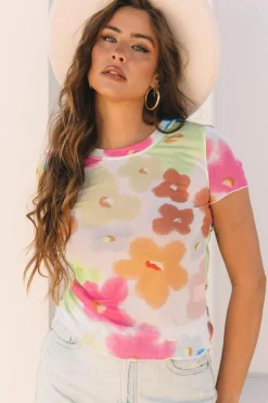 Discount Dear-Lover Floral Mesh Lettuce Trim Cropped T Shirt Multicolour