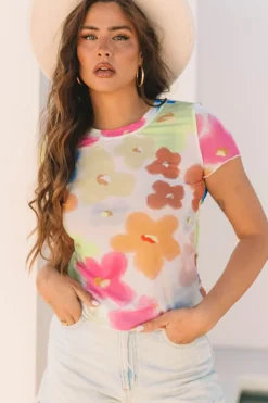 Discount Dear-Lover Floral Mesh Lettuce Trim Cropped T Shirt Multicolour