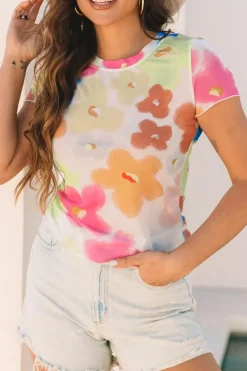 Discount Dear-Lover Floral Mesh Lettuce Trim Cropped T Shirt Multicolour