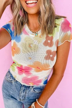 Discount Dear-Lover Floral Mesh Lettuce Trim Cropped T Shirt Multicolour