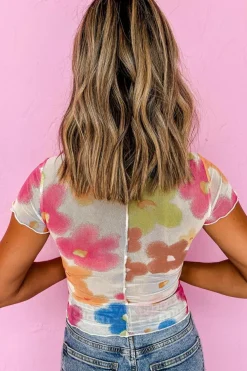 Discount Dear-Lover Floral Mesh Lettuce Trim Cropped T Shirt Multicolour