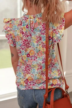 Sale Dear-Lover Floral Pleated Detail Flutter Sleeve Blouse Multicolour